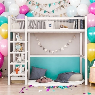 Modern Twin Size Loft Bed with 4-Tier Shelves and Storage and 4-step Ladder for Bedroom