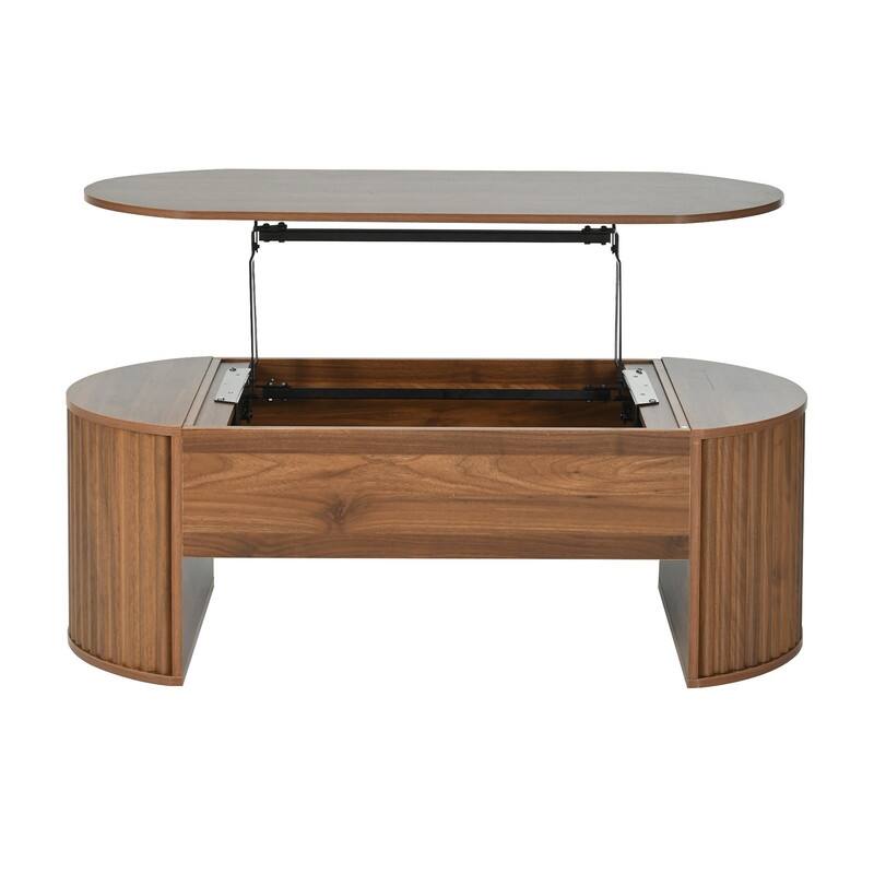 Wood Lift Top Coffee Table with Hidden Storage, 47" Oval Lift Table Top wavy grooves Design Conversation Table