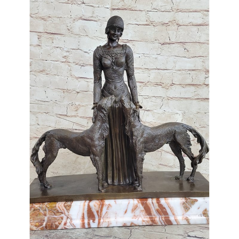Lady With 2 Dogs Afghan Hounds Chiparus Art Deco Bronze Statue Sculpture 18 Inches X 6 Inches