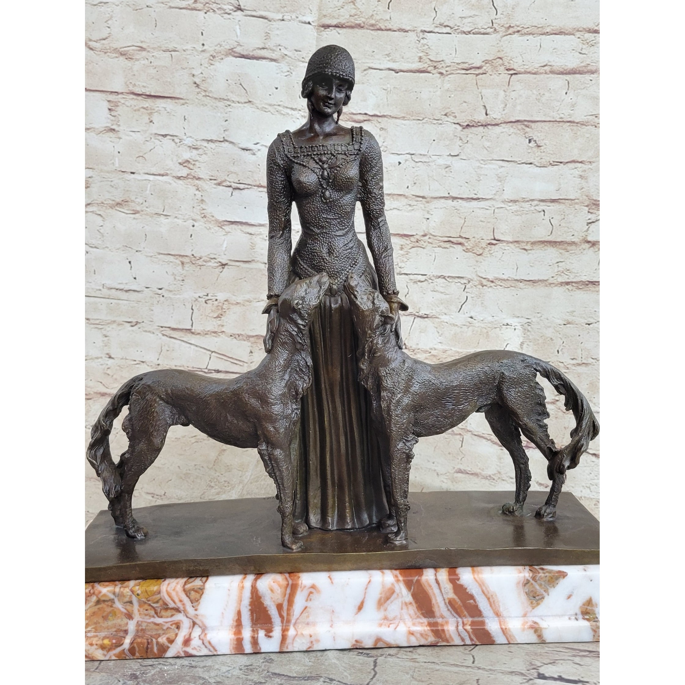 Lady With 2 Dogs Afghan Hounds Chiparus Art Deco Bronze Statue Sculpture 18 Inches X 6 Inches