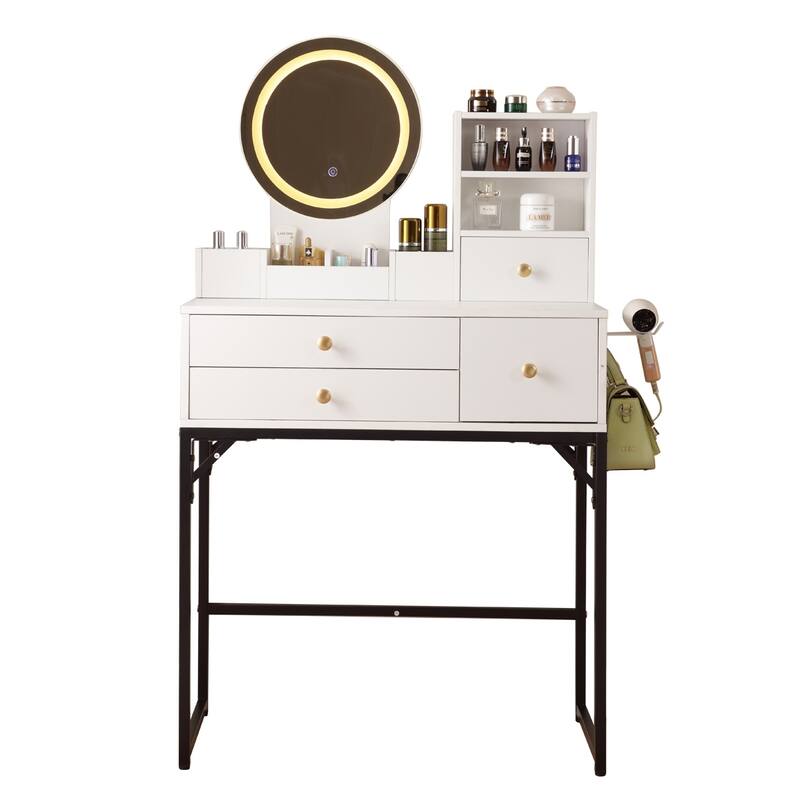 Vanity Desk with Lighted Mirror & Power Outlet