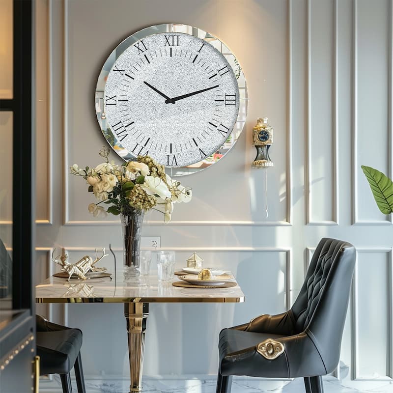 24" Large Silver Round Mirror Wall Clock Twinkle Crystal Diamond