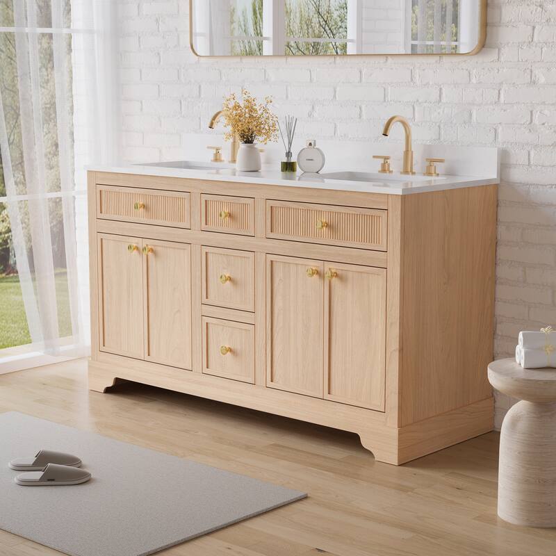 35''H Bath Solid Wood Vanity with Stain-resistant Carrera White Quartz Top And Single Sink