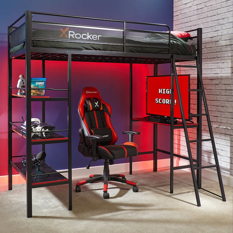 X Rocker Fortress Black Gaming Bunk w/ Built-in Desk and Shelves