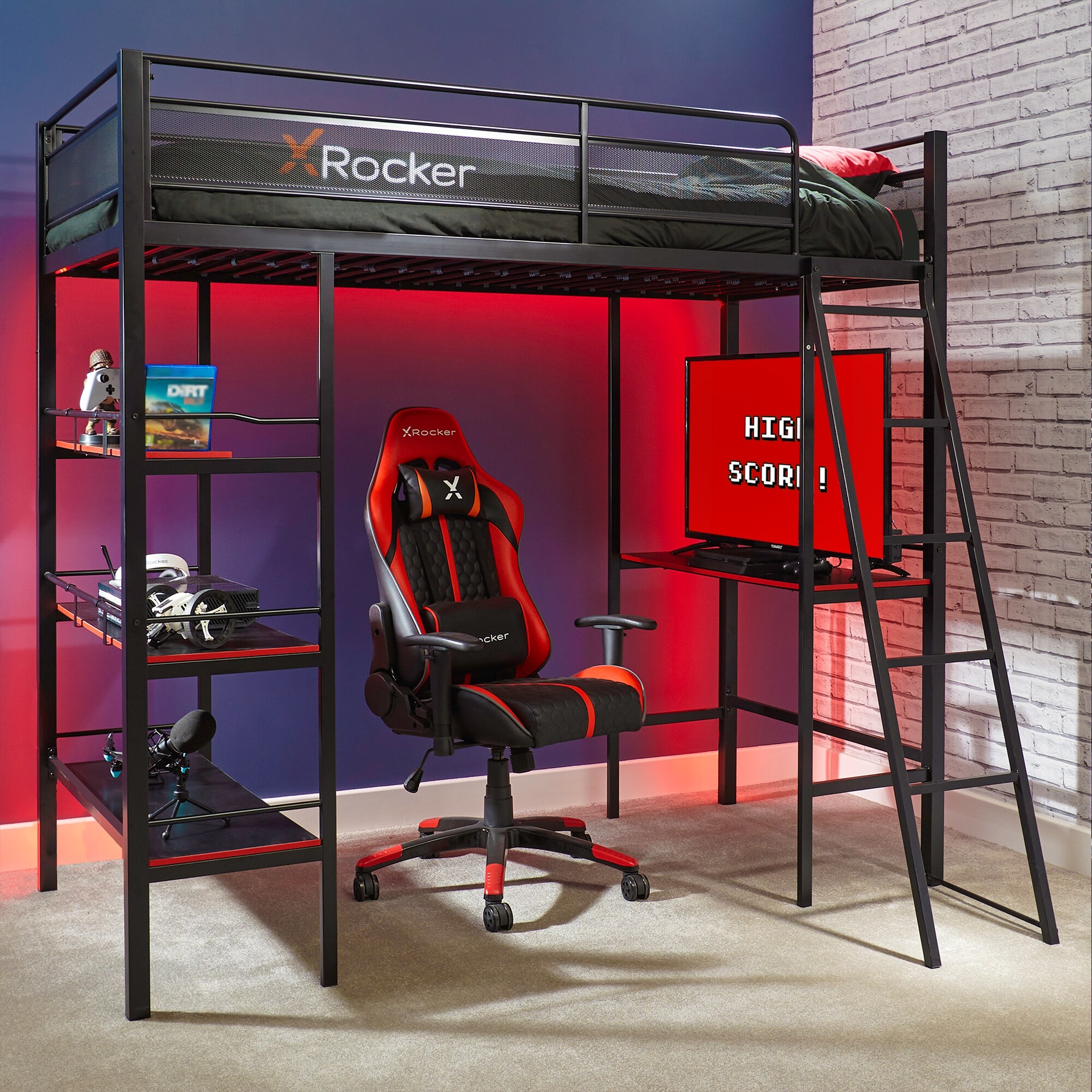 X Rocker Fortress Black Gaming Bunk w/ Built-in Desk and