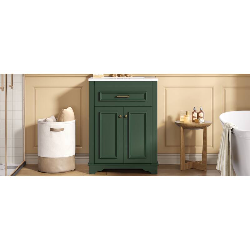 Roomfitters 24 Inch Bathroom Vanity with Integrated Ceramic Sink, Storage Cabinet & Tilt-Down Compartment