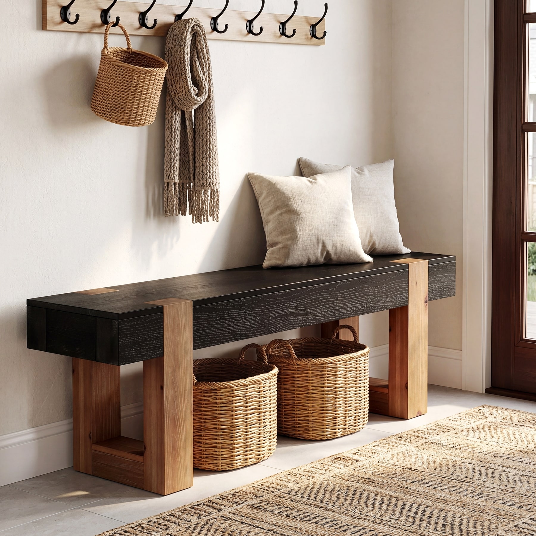 55 Inch Solid Wood Bench, Entryway Bench for Bedroom, Hallway, Living Room - 11.81" D x 55.12" W x 17.72" H