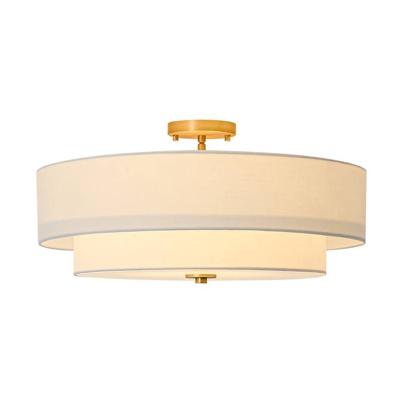 French Country Brass Round White Linen Drum Ceiling Light