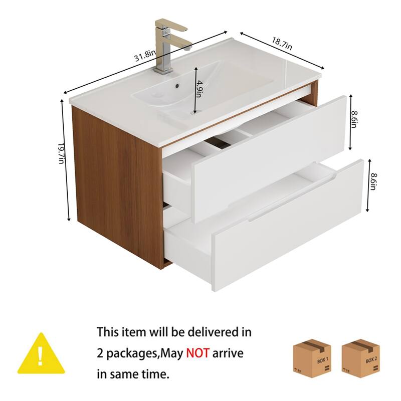 32 Inch Floating Bathroom Vanity with Sink & Double Drawers, Wall-Mounted Bathroom Vanity Base with Ceramic Basin