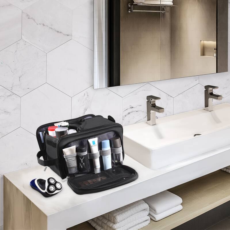 PU Leather Toiletry Bag for Men - Water-Resistant Travel Dopp Kit for Grooming, Shaving, Cosmetics & Accessories