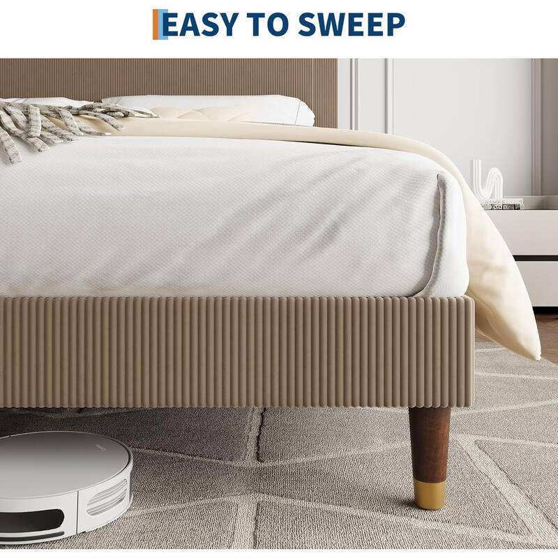 Soft Corduroy Fabric Platform Bed Frame with Upholstered Headboard, Brown