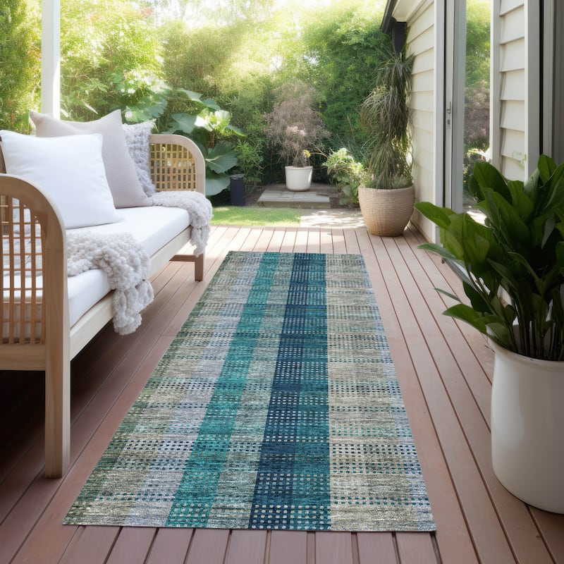 Machine Washable Indoor/ Outdoor Modern Plaid Chantille Rug - Teal - 2'3" x 7'6"