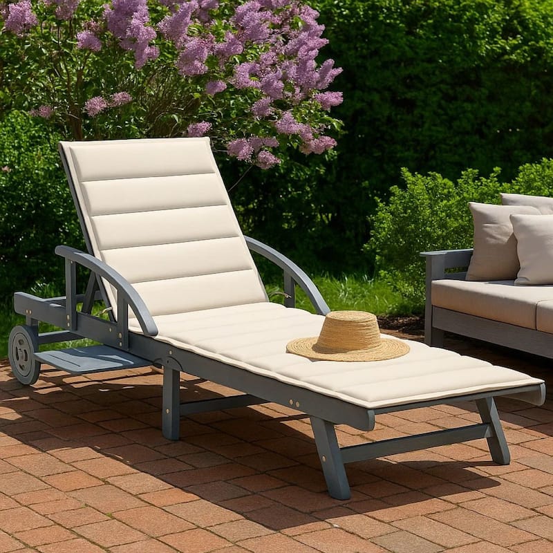 Kaye Outdoor Sun Lounger, 79 Inch Gray Acacia Wood, Cream Polyester