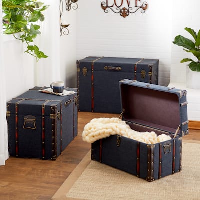 Blue Linen Fabric Nesting Upholstered Decorative Trunk with Buckle Hinged Top (Set of 3)