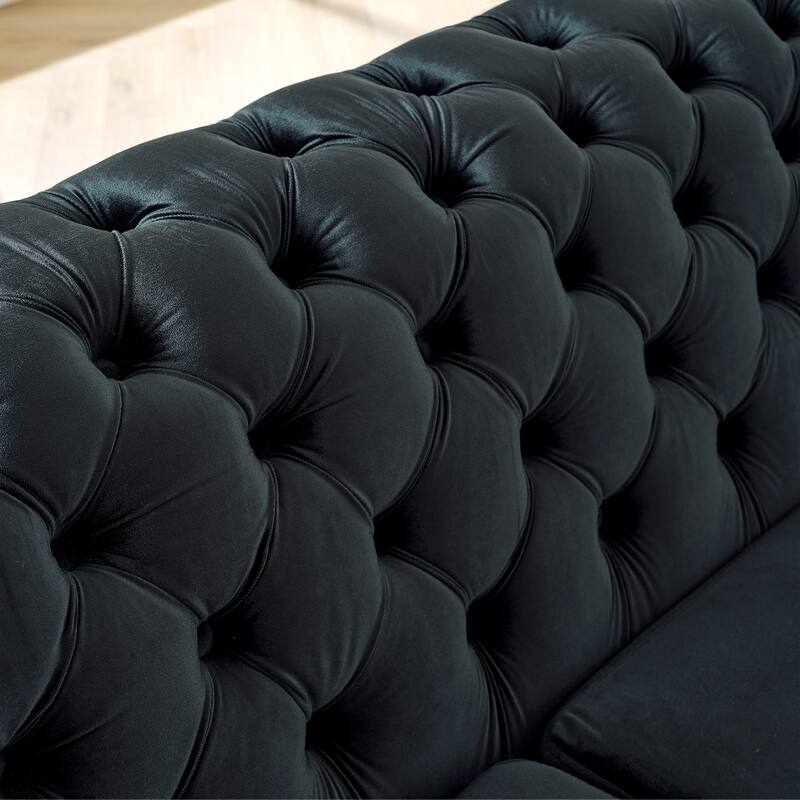 106 Inches L-Shaped Chesterfield Sectional Sofa Set, Velvet Button Tufted with Gold Stainless Steel Accents, Black