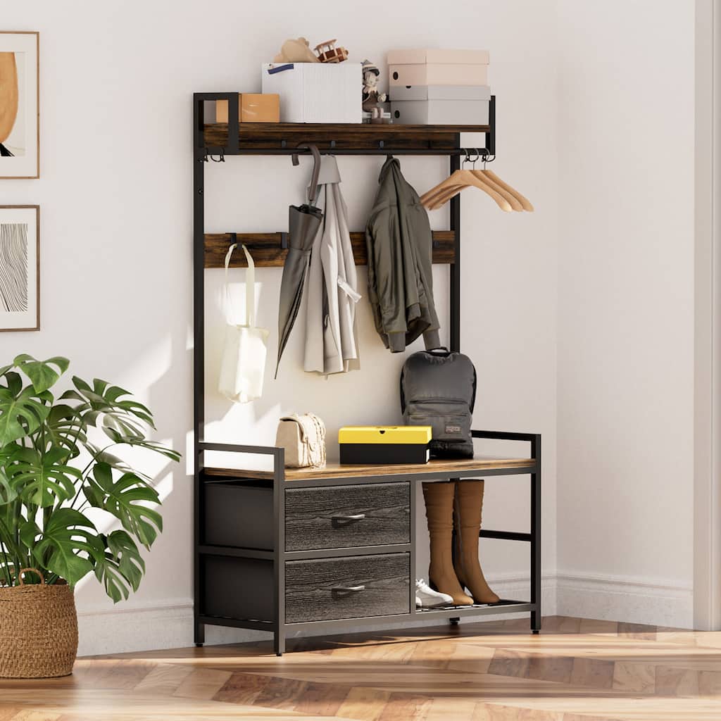 Anmytek 33.1 Inch Wide Hall Tree Entryway Bench with Shoe Storage Shelves Garment Racks 23 Hooks and 2 Movable Drawers