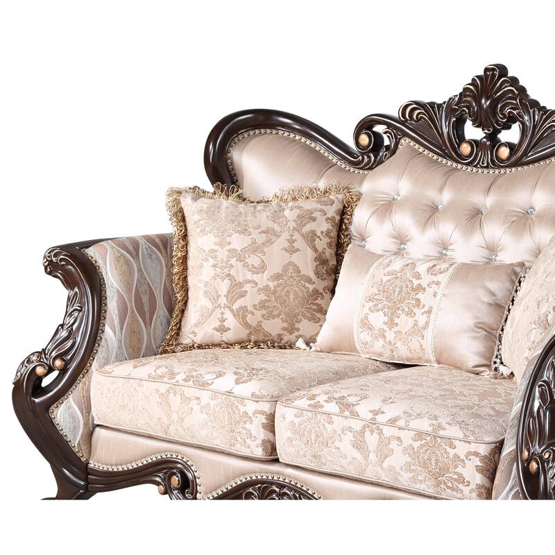 Cona 70 Inch Loveseat, Gold Carved Details, Brown, Button Tufted Beige