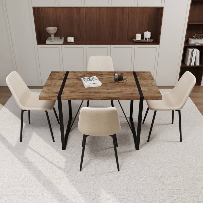 MDF dark wood dining table and modern dining chair 4-piece set, medieval wooden kitchen dining table set, rectangular metal base