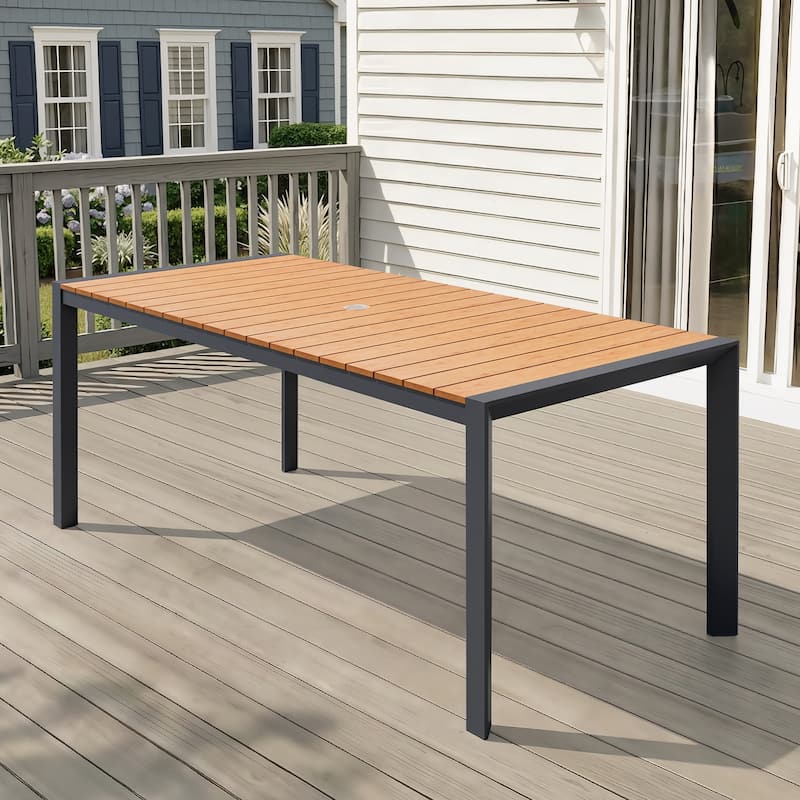 Outdoor All-Weather Aluminum Patio Rectangular Dining Table with Umbrella Hole - Brown - 71.42 inches long