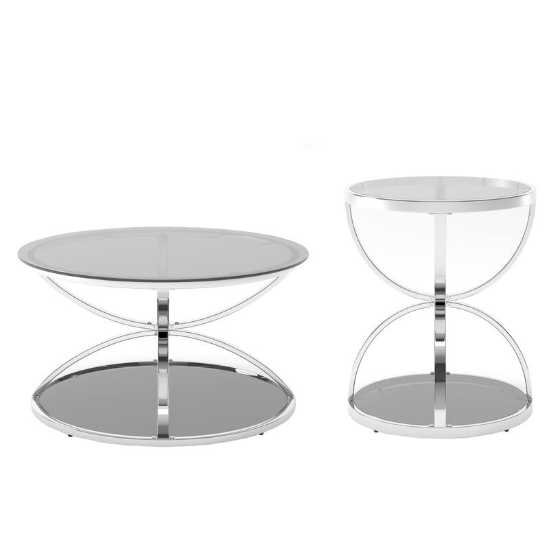 Modern 2 Tiers Glass Coffee Table with Ring-Shaped Metal Frames