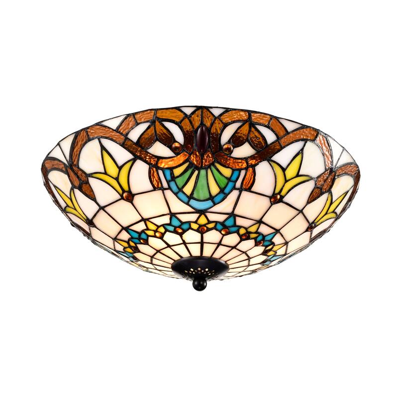 Elspeth Ivory Amber Flushmount Ceiling Lamp Tiffany Style Glass Shade - Ivory-Amber