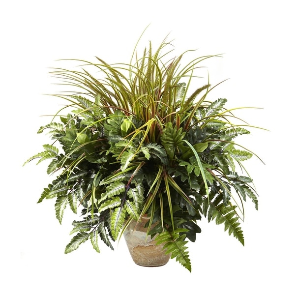 Nearly Natural Mixed Greens & Grass with Ceramic Planter