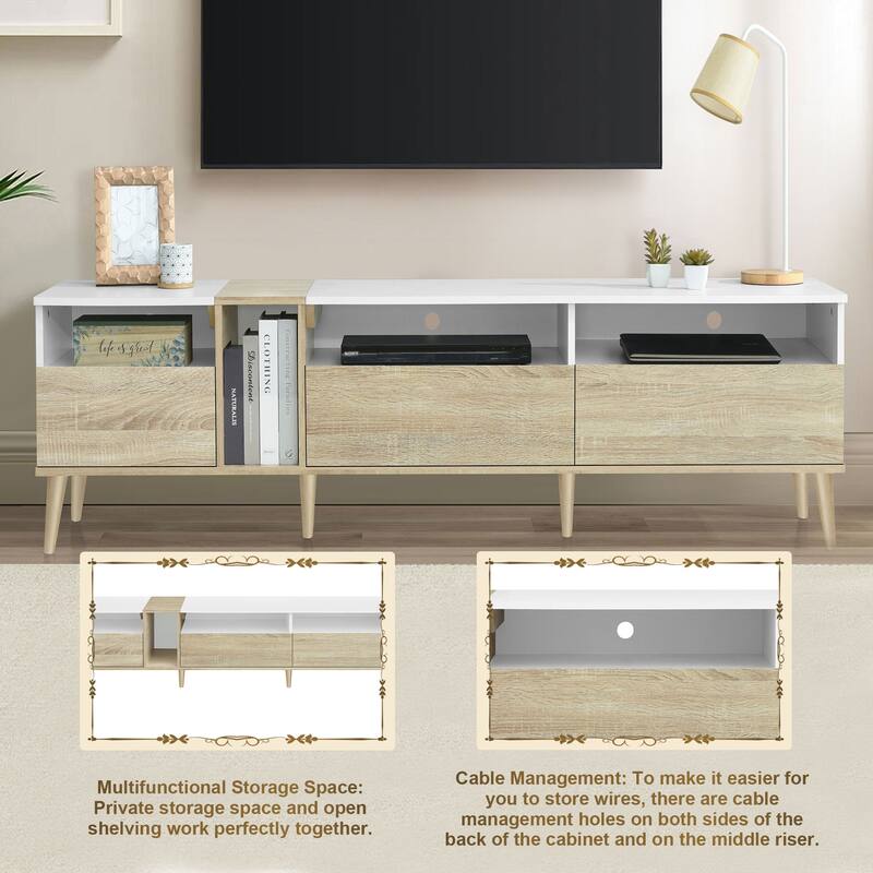 White+Natural TV Stand with 3 Drawers and Open Shelves, Media Console Table for TVs up to 80", Living Room Entertainment Center