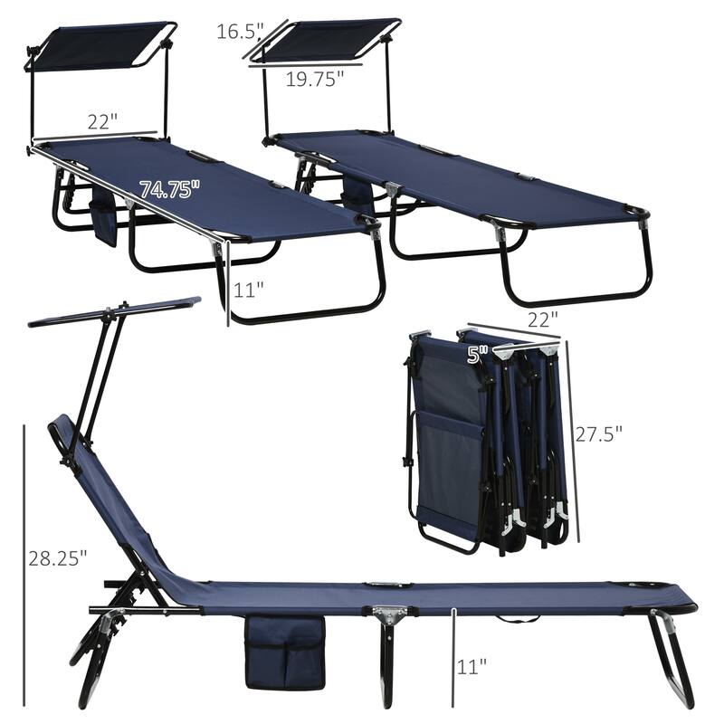 Outdoor Folding Chaise Lounge Pool Chairs with Canopy Shade, Reclining Back, Steel Frame and Side Pocket for Beach, Yard, Patio