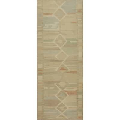 Hand Woven Oriental 100% Wool Carpet Southwestern Tribal Beige & Ivories Kilim Runner Rug - 6' 3'' X 2' 2''