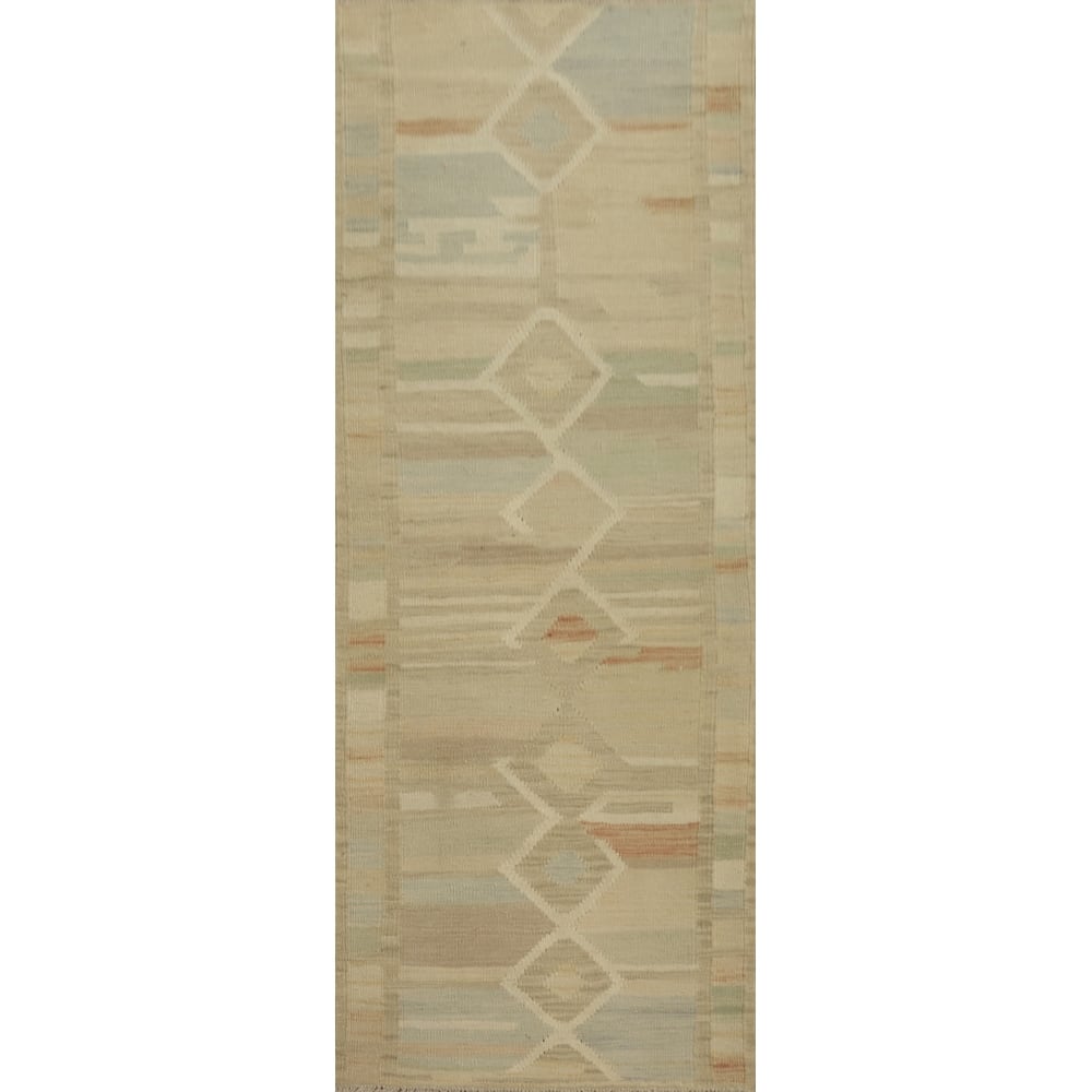 Hand Woven Oriental 100% Wool Carpet Southwestern Tribal Beige & Ivories Kilim Runner Rug - 6' 3'' X 2' 2''