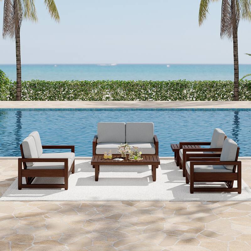 7-Piece Outdoor Teak Wood Conversation Set with Loveseat, Chairs and Tables