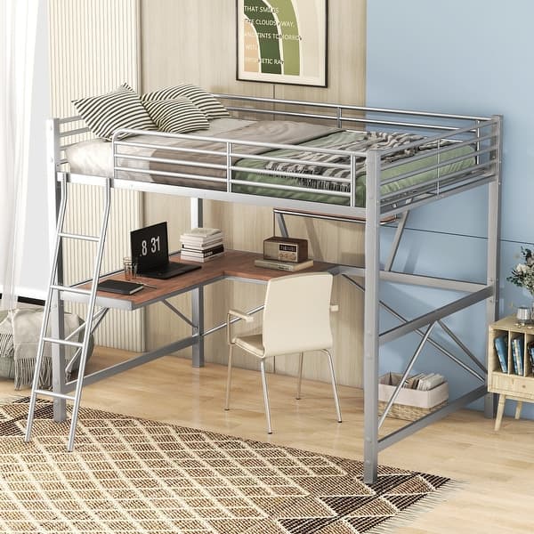slide 2 of 11, Full Size Loft Bed with Integrated Desk and Shelf, Metal Frame with Secure Guardrails and Ladder, Space,Saving Design Silver