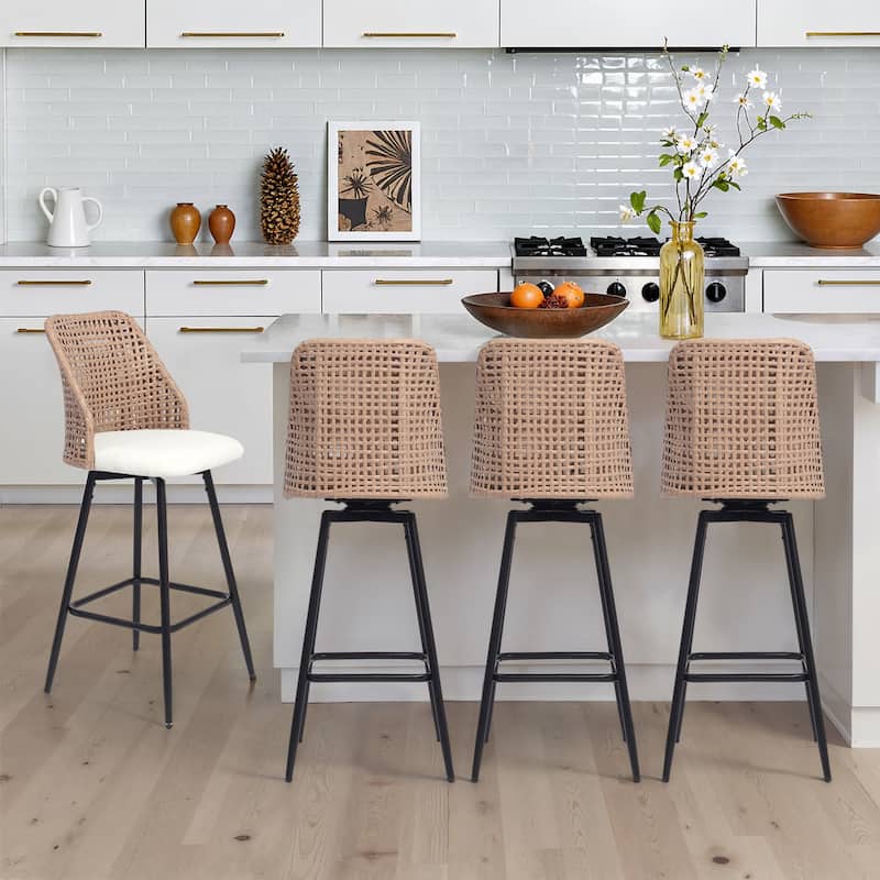 Chenille Counter Height Swivel Bar Stools Rattan Back with Metal Legs