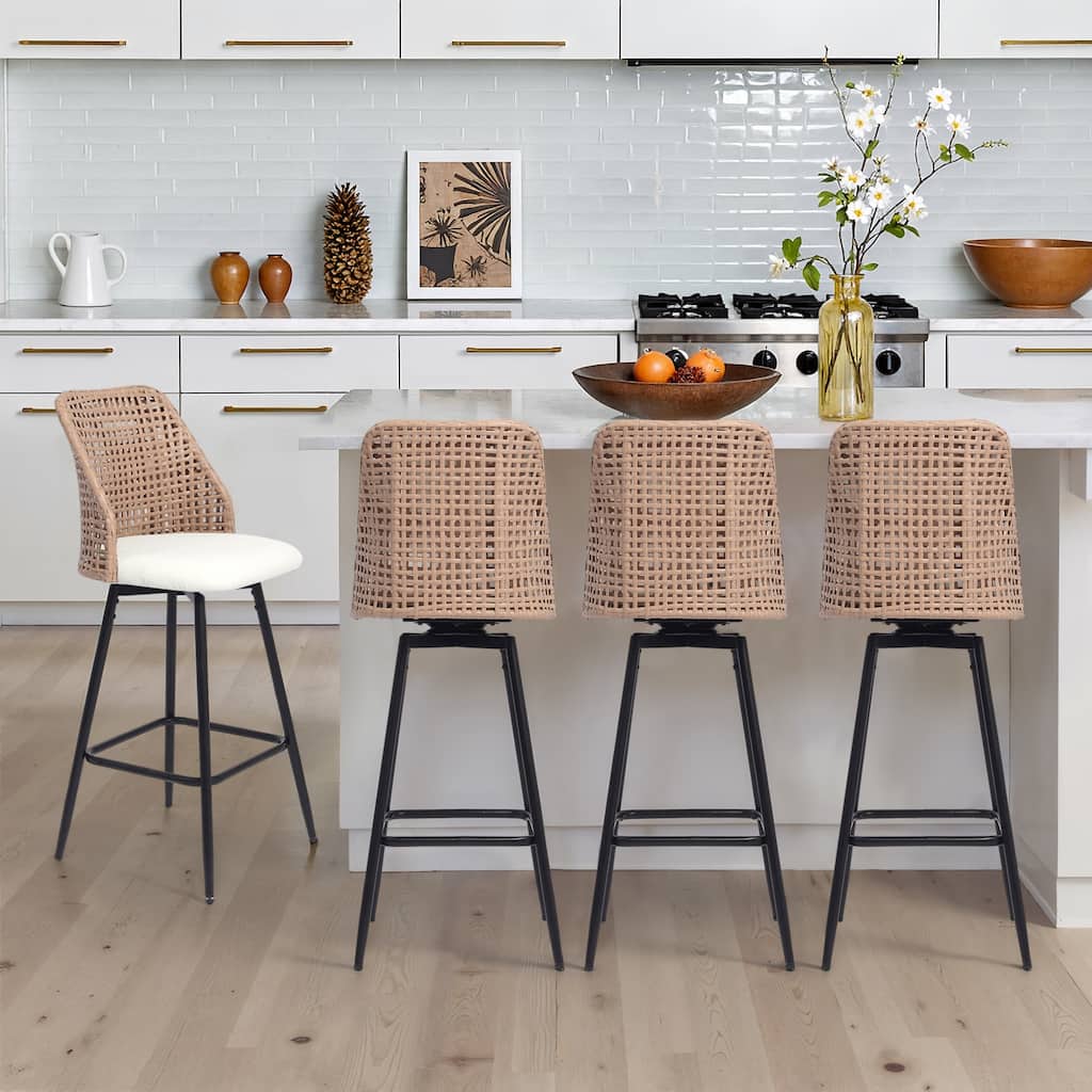 Chenille Counter Height Swivel Bar Stools Rattan Back with Metal Legs