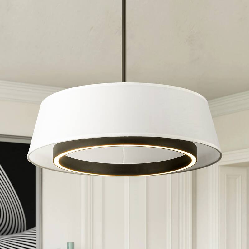 Modern Black Drum Fabric Integrated LED Pendant Light, Cylinder White Kitchen Island Lighting - 18.11 in. Dia. x 5.71 in. H - 18.11 in. Dia. x 5.71 in. H - Black