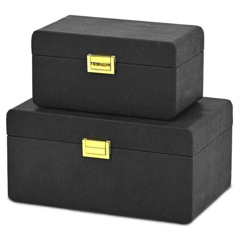 Alethea Set of 2 Rectangular Decorative Storage Boxes - Black Faux Shagreen - N/A