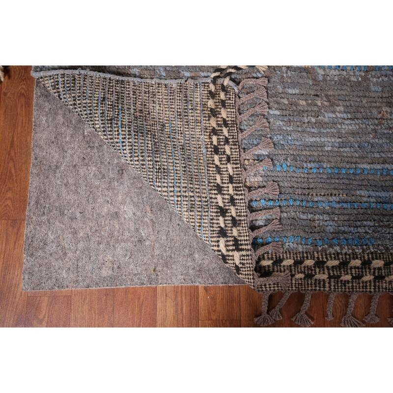 Blue Striped Moroccan Abstract Area Rug Hand-Knotted Wool Carpet - 8'0"x 12'7"