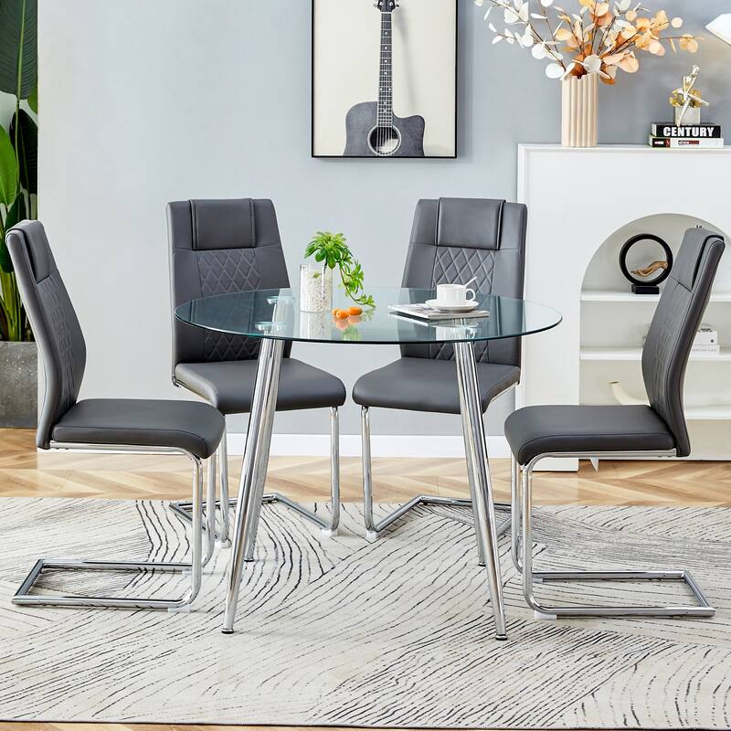 5-Piece Modern Glass Dining Table Set, 38" Round Table with Metal Legs & 4 High-Back PU Leather Chairs for Kitchen, Office