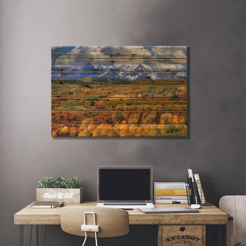USA, Colorado, San Juan Mountains. Mountain and valley landscape in autumn. Print On Wood by Jaynes Gallery - Multi-Color