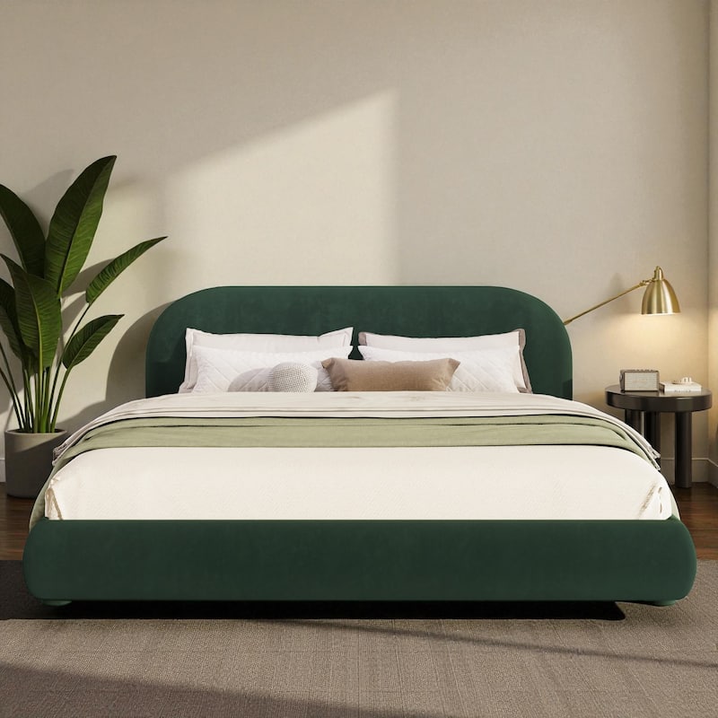 Modern Fabric Upholstered Bed with Curved Headboard, Strong Metal Frame, Queen/King Size Platform Bed - Cream - Queen