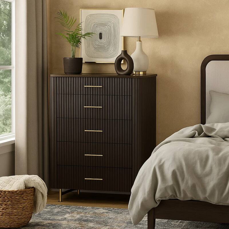 Jeh Tall Dresser Chest, 5 Drawers, Espresso Brown Wood and Gold Metal