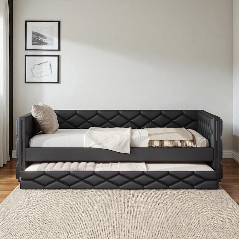 Full XL Upholstered Daybed with Trundle and LED Armrests, PU Leather Sofa Bed with Pull-Out Guest Bed