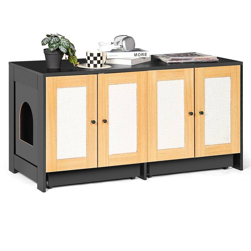 Double Litter Box Enclosure,Cat Litter Box Enclosure for 2 Cats, Hidden Litter Box Furniture with Rattan Doors