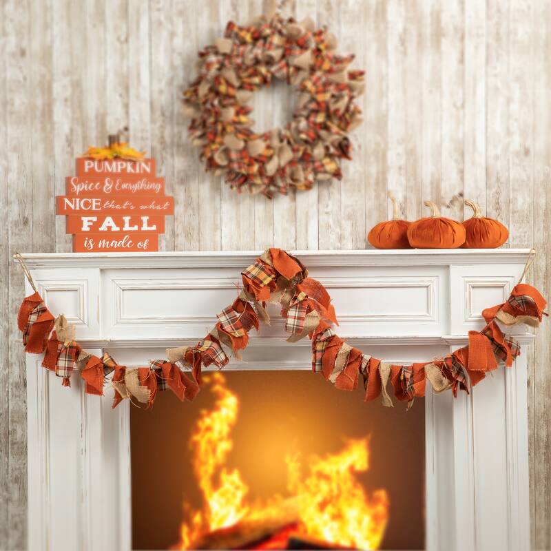 Glitzhome Fall Fabric Plaid Wreath or Garland Wall Hanging Decor