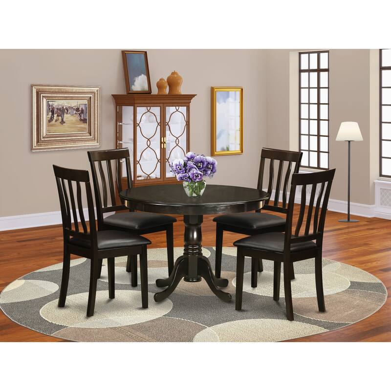 East West Furniture 3 Piece Dinette Set- A Round Kitchen Table with Pedestal and 2 Linen Fabric Dining Chairs, (Finish Options) - ANGA3-ABK-24