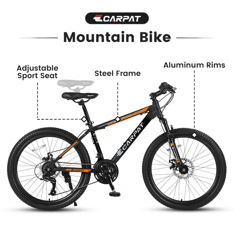 26" Mountain Bike, Shimano 21-Speed with Mechanical Disc Brakes, High-Carbon Steel Frame, Suspension MTB Bicycle