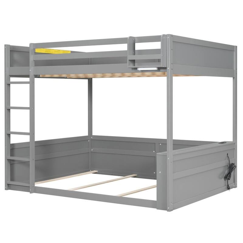 Queen Size Wooden Bunk Bed with Built-in Shelves and Hooks, Versatile Bed Frame with LED Light and Charging Station