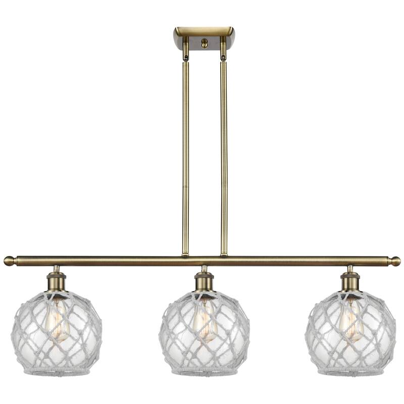 Innovations Lighting Endless Possibilities Ballston - Farmhouse Rope - 3 Light 36" Stem Hung Island Light - Antique Brass/Clear Glass with White Rope