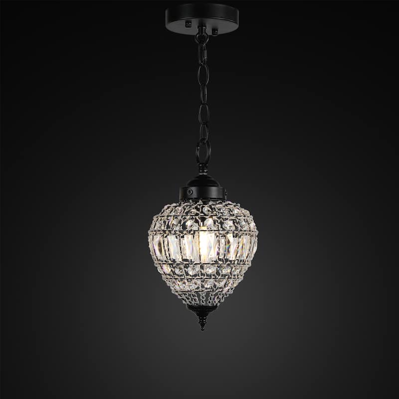 Matte Black Beaded Clear Crystal 1 Light Island Pendant 9" Chandelier - 7" Wide x 9" Height