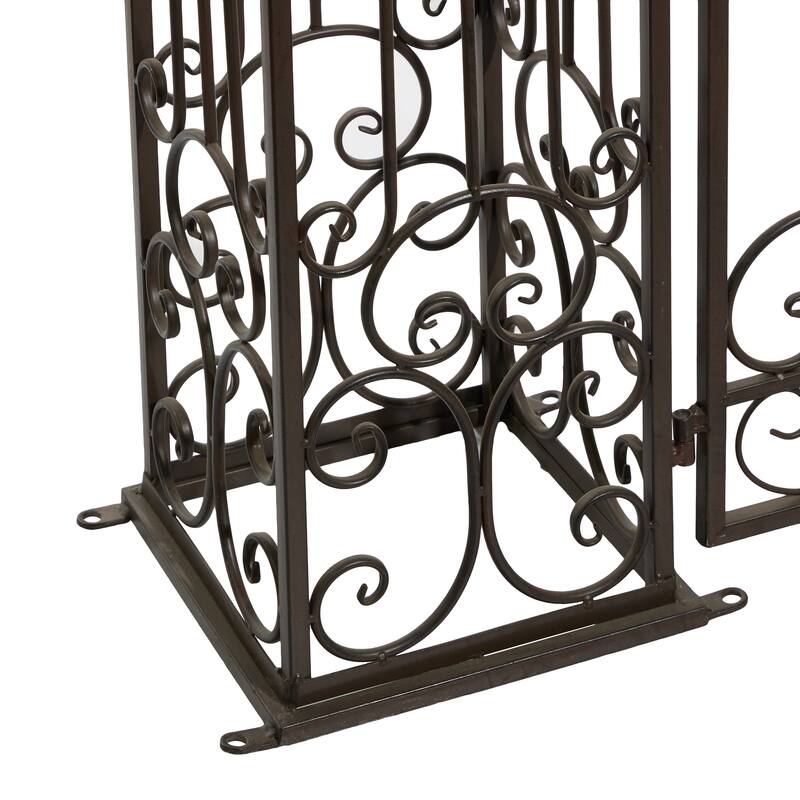 Dark Brown Metal Indoor Outdoor Scrollwork Arched Gate Garden Arbor with Pillars and Latch Lock Closure
